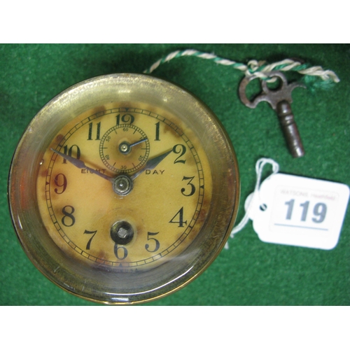 119 - American 8 day angled brass dashboard clock for a Veteran vehicle, with key