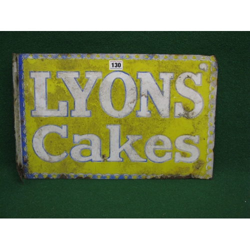 130 - Double sided bracketed advertising sign for Lyons Cakes, blue bordered white letters on a yellow gro... 