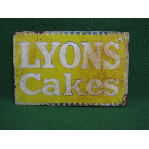 130 - Double sided bracketed advertising sign for Lyons Cakes, blue bordered white letters on a yellow gro... 