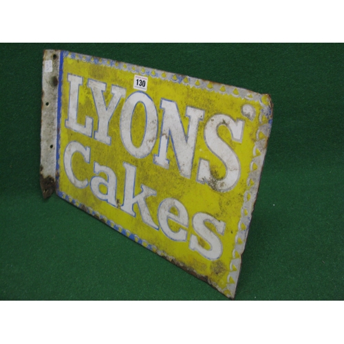 130 - Double sided bracketed advertising sign for Lyons Cakes, blue bordered white letters on a yellow gro... 