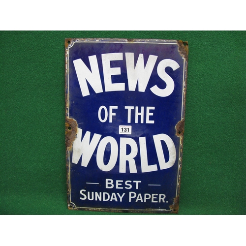 131 - Small enamel advertising sign for News Of The World Best Sunday Paper, white letters on a royal blue... 