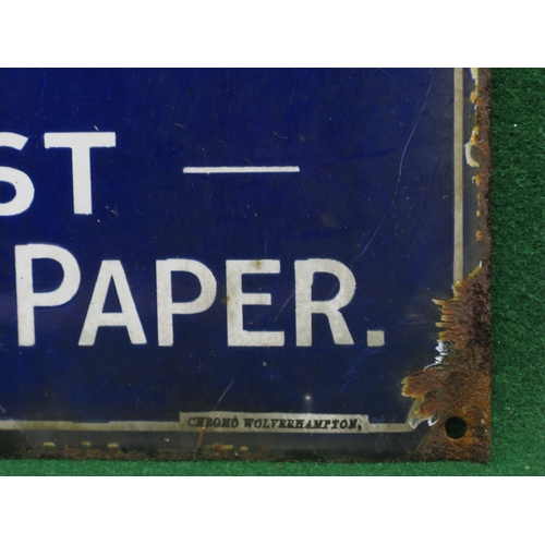 131 - Small enamel advertising sign for News Of The World Best Sunday Paper, white letters on a royal blue... 