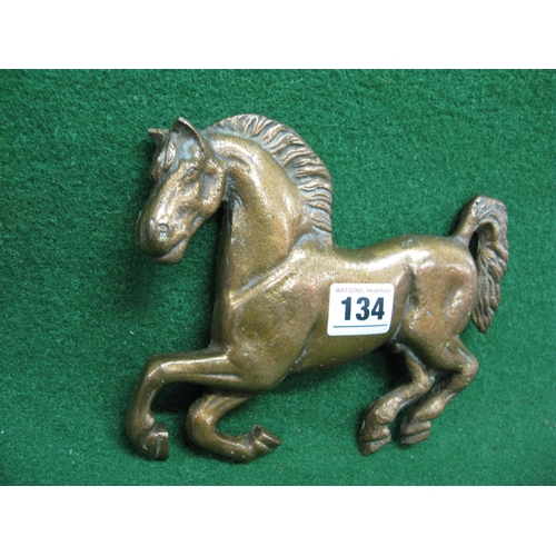 134 - Cast brass prancing horse with two threaded mounting holes to the rear, believed to be from an Aveli... 