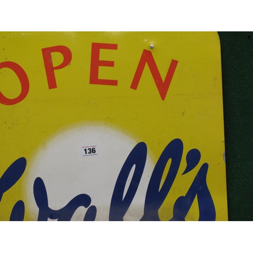 136 - Double sided aluminium Open sign for Wall's Ice Cream, red, white and blue on a yellow ground - 19.5... 