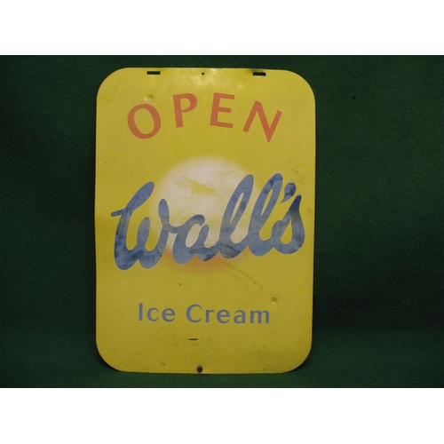 136 - Double sided aluminium Open sign for Wall's Ice Cream, red, white and blue on a yellow ground - 19.5... 