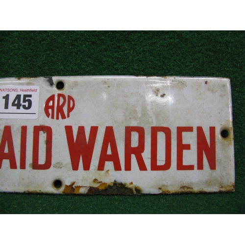 145 - WWII ARP Air Raid Warden enamel sign, red letters on a white ground - 9