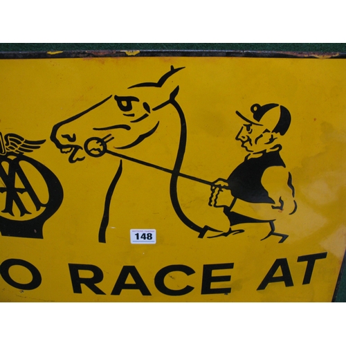 148 - Enamel AA sign No Racing At Doncaster, featuring a jockey, horse and AA badge, black letters on a ye... 