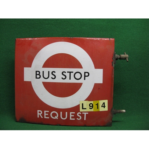 153 - Hollow enamelled metal double sided post mounted London Transport Bus Request Stop sign with stick o... 