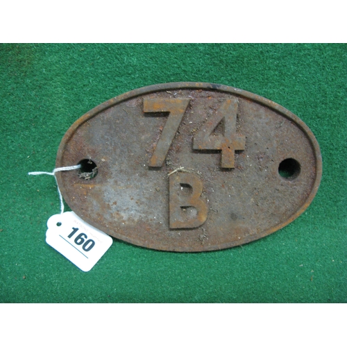 160 - British Railways cast iron locomotive shed number  plate for 74B (Ramsgate) in as removed condition