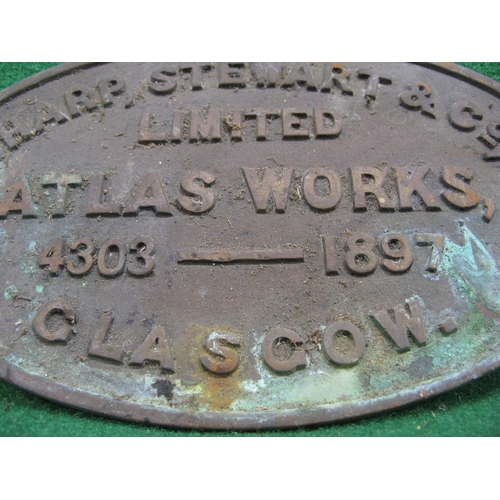 170 - Locomotive works plate for Sharp Stewart & Co Ltd Atlas Works, Glasgow No. 4303 of 1897.  Believed t... 