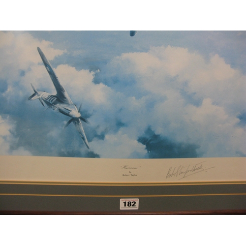 182 - Two framed and glazed aircraft prints to comprise: Hurricanes by Robert Taylor, signed by Squadron L... 