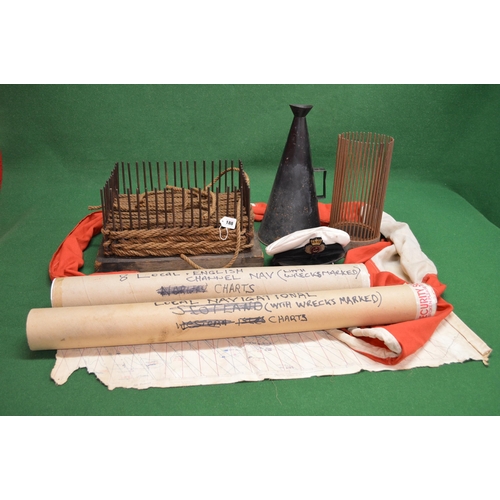 188 - Mixed lot of rope dispensing cages, pennants, cap, megaphone and two tubes of English Channel charts