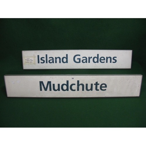 191 - Two all metal Docklands Light Railway platform signs with mounting brackets to rear for Mudchute and... 