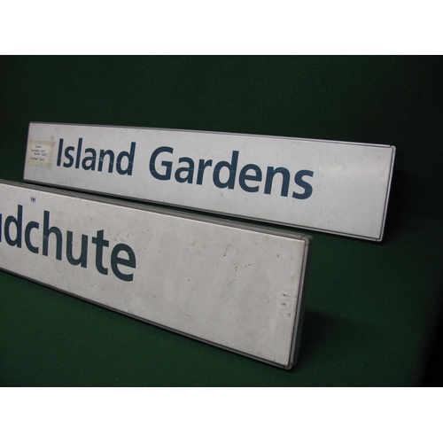 191 - Two all metal Docklands Light Railway platform signs with mounting brackets to rear for Mudchute and... 