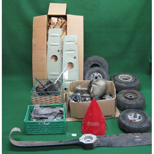 193 - Quantity of Cessna aircraft parts to include: boxed panels, crate of old parts, nose cone, wheels an... 