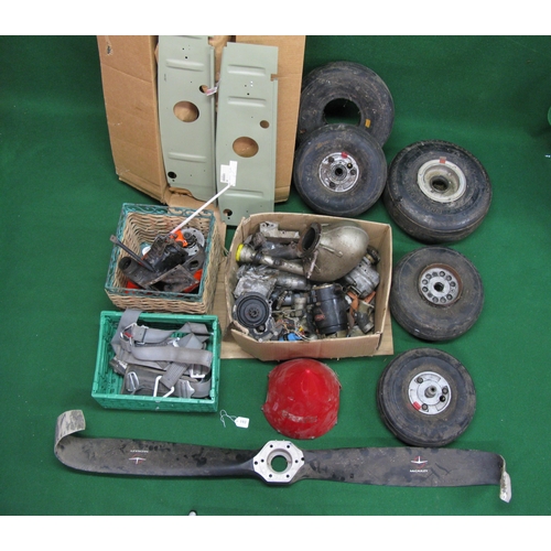 193 - Quantity of Cessna aircraft parts to include: boxed panels, crate of old parts, nose cone, wheels an... 