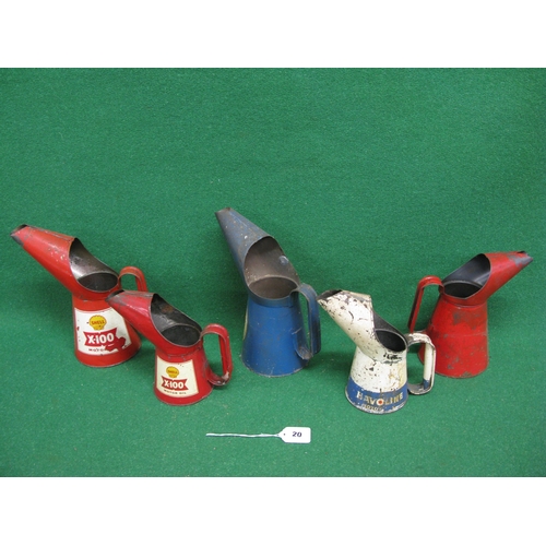 20 - Five oil pourers to comprise: Shell X-100 quart and one pint, Regent quart, Havoline one pint and Es... 