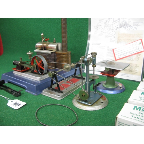 207 - Wilesco steam plant D20 with shaft drive pulleys, circular saw bench, pillar drill, five drive belts... 