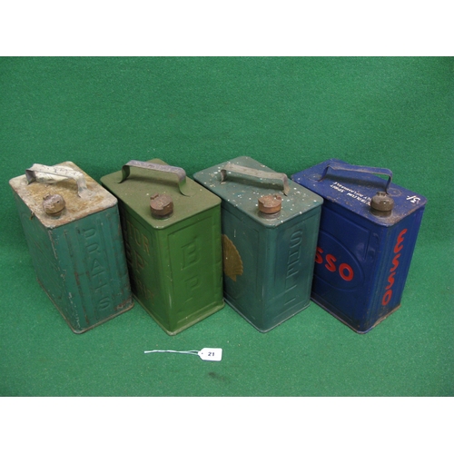 21 - Four two gallon fuel cans with caps for: Pratts, BP Motor Spirit, Esso and Shell