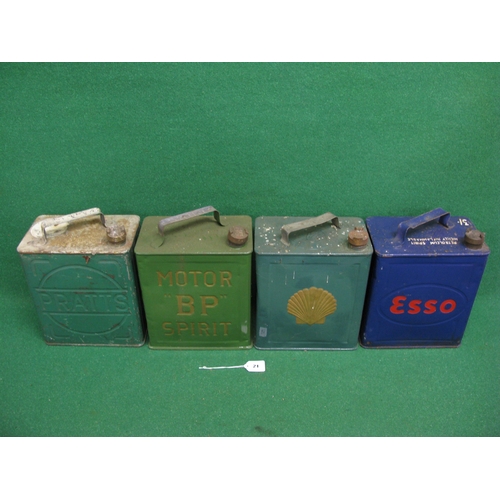 21 - Four two gallon fuel cans with caps for: Pratts, BP Motor Spirit, Esso and Shell