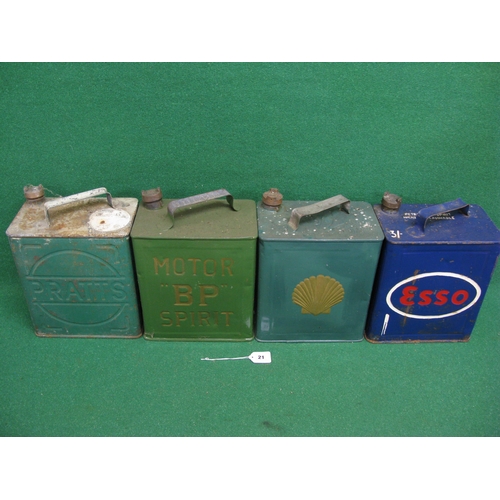 21 - Four two gallon fuel cans with caps for: Pratts, BP Motor Spirit, Esso and Shell