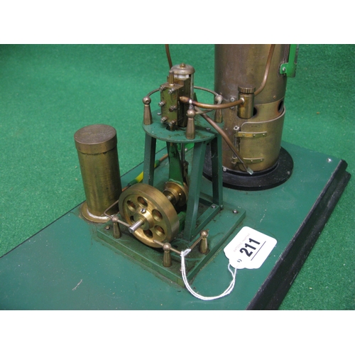 211 - Vertical boiler with sight glass, whistle, liquid fuel burner, water reservoir and hand operated fee... 