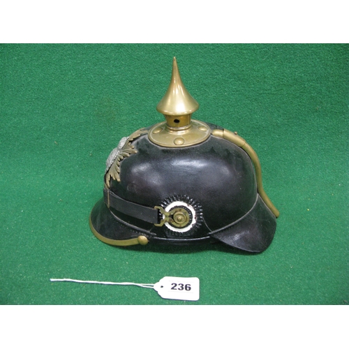 236 - Reproduction leather pickelhaube style helmet with brass finial, badge and sliding rear vent - 10