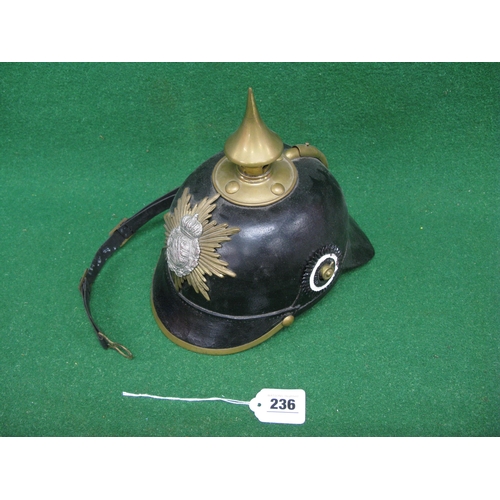 236 - Reproduction leather pickelhaube style helmet with brass finial, badge and sliding rear vent - 10