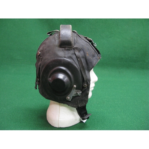 243 - Leather flying helmet with alloy buckles and clips, built in speaker and a curved sponge buffer on t... 