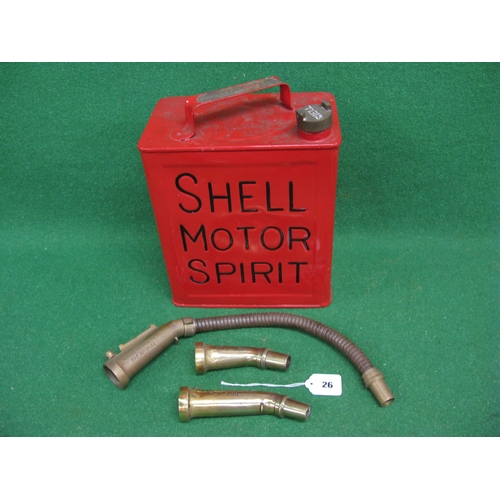 26 - Restored two gallon Shell Motor Spirit can with Shell cap together with brass Liquall Petrol Filler ... 