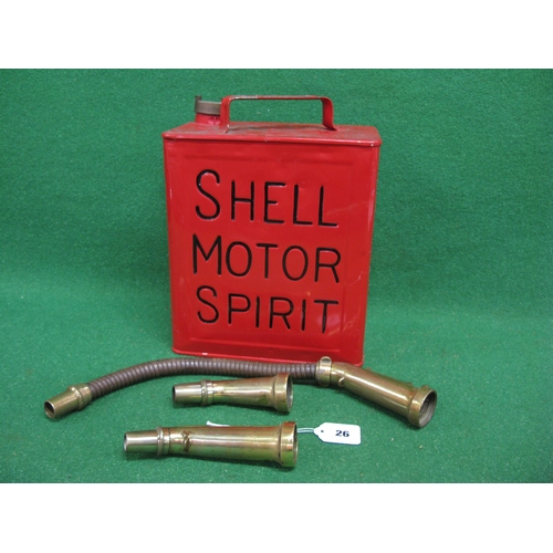 26 - Restored two gallon Shell Motor Spirit can with Shell cap together with brass Liquall Petrol Filler ... 