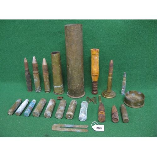 264 - Box of wartime ordnance and shell cases etc together with a brass buckle