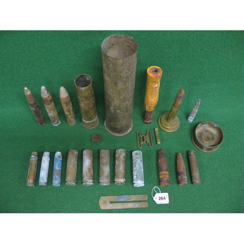 264 - Box of wartime ordnance and shell cases etc together with a brass buckle