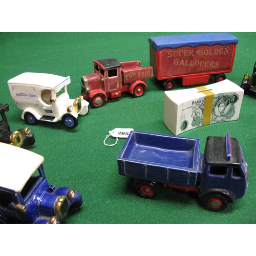 265 - Fifteen ceramic/pottery model vans and lorries to include: Scammel fun-fair gallopers pantechnicon t... 