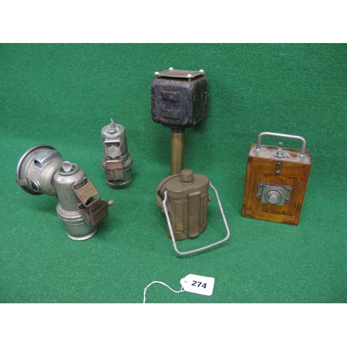 274 - Five lamps to include: Lucas Calcia Cadet, Miller, Shrouded Kakai Battery and Wooden cased lamps