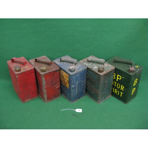 28 - Five two gallon cans with caps for: Esso (x2), Pratts, Shell & BP Motor Spirits