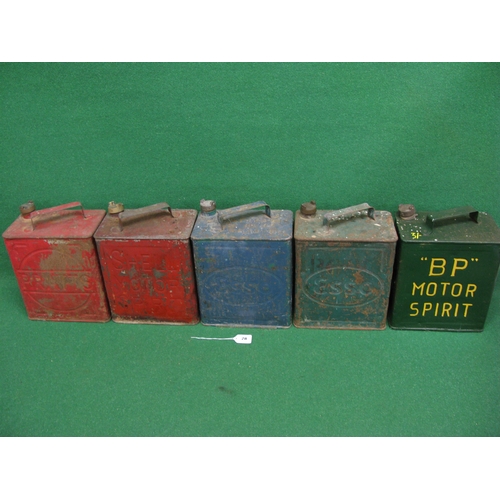 28 - Five two gallon cans with caps for: Esso (x2), Pratts, Shell & BP Motor Spirits