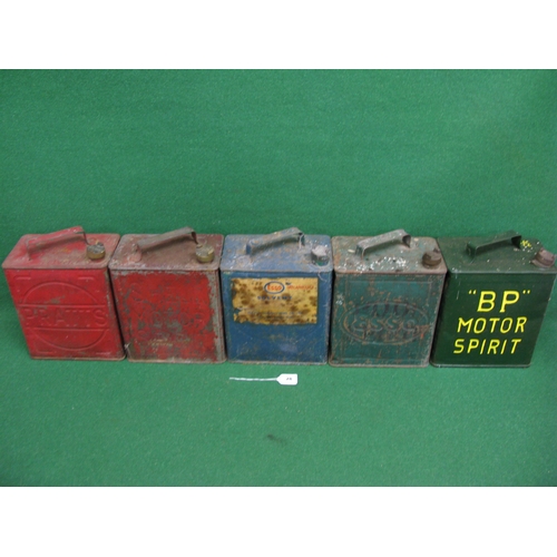 28 - Five two gallon cans with caps for: Esso (x2), Pratts, Shell & BP Motor Spirits