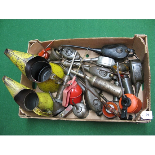 29 - Box of various oil cans, grease guns and oil pourers