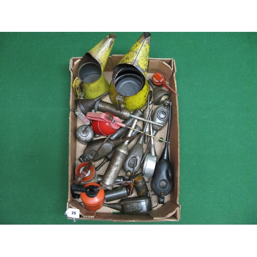 29 - Box of various oil cans, grease guns and oil pourers