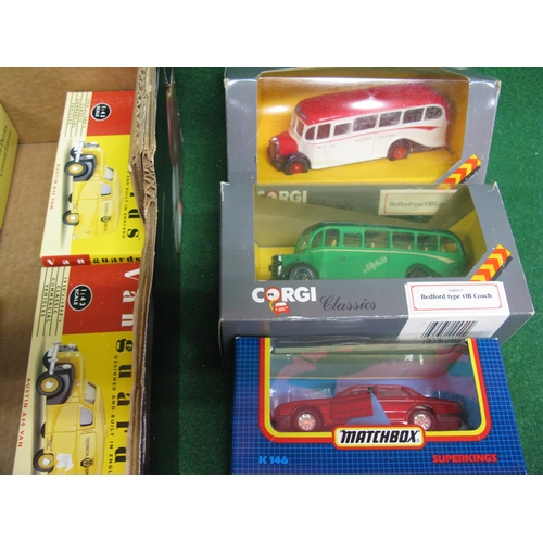 321 - Seventeen boxed model cars, vans, coaches and lorries from Corgi, Vanguards, Dinky, Matchbox and Dim... 