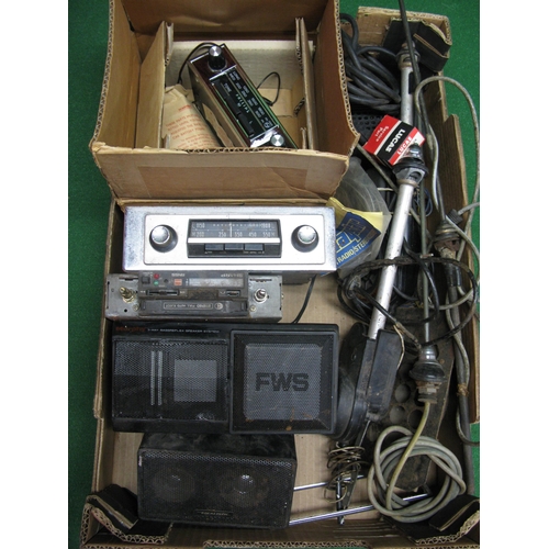 34 - Box of old car radios, aerials and speakers including new old stock Philips radio with faux dark woo... 