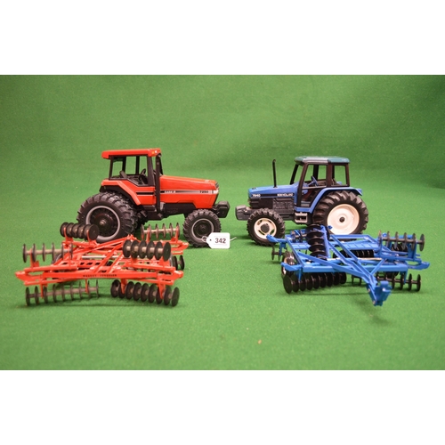 342 - Two boxes of diecast and plastic tractors and implements made by Ertl to include a vintage Farmall F... 