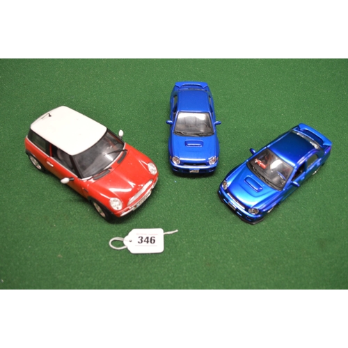 346 - Box of 1:18 and 1:24 scale model cars from Burago and Maisto including two Subaru Impreza WRX