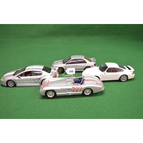 348 - Six loose metal 1:18 scale cars to include: Mercedes 200 SCR, Porsche 911, Subaru Impreza etc from V... 