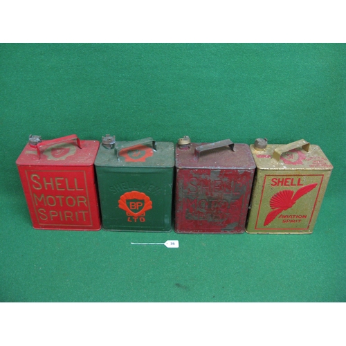 35 - Four different Shell two gallon fuel cans with matching caps for: Shell Motor Spirit, Shell-Mex BP L... 