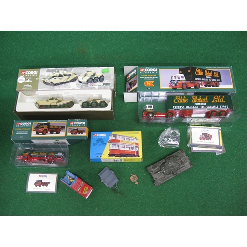 355 - Box of boxed and loose Corgi diecast items to include: lorries, tanks, tram, Land Rover and trailer ... 