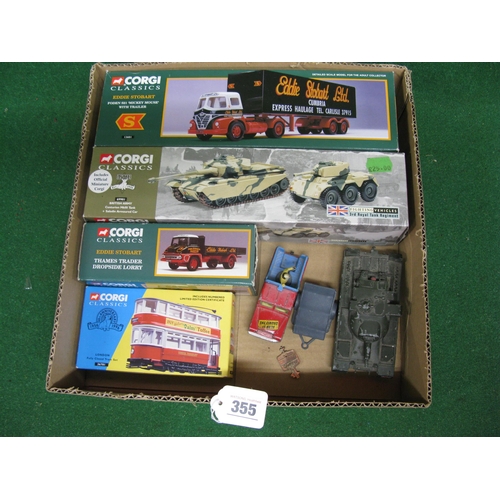 355 - Box of boxed and loose Corgi diecast items to include: lorries, tanks, tram, Land Rover and trailer ... 