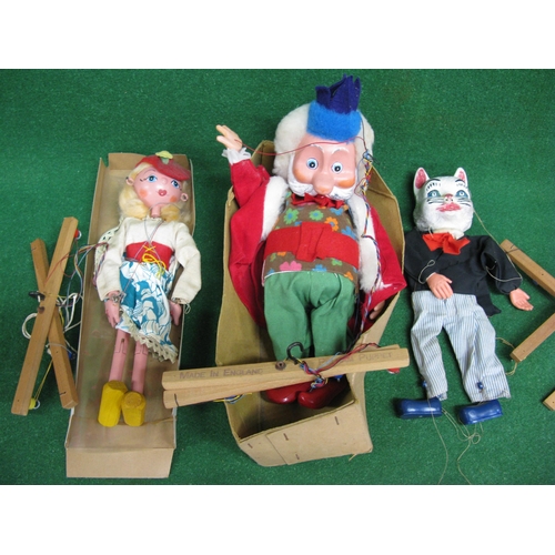 366 - Six puppets to comprise: four Pelhams, an unknown Man-Cat and a metal Luntoy Mr Turnip (some untangl... 