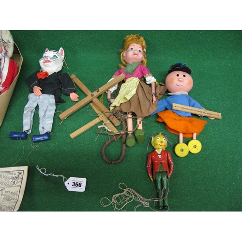 366 - Six puppets to comprise: four Pelhams, an unknown Man-Cat and a metal Luntoy Mr Turnip (some untangl... 